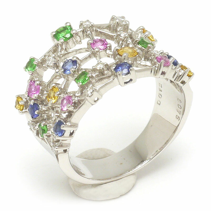 乐天商城 - 【中古】サファイアダイヤモンドリング #14 約14号 K18WG・サファイア0.75ct・ガーネット0.26ct・ダイヤ0.12ct マルチカラー 幅広【質屋鑑定品】
