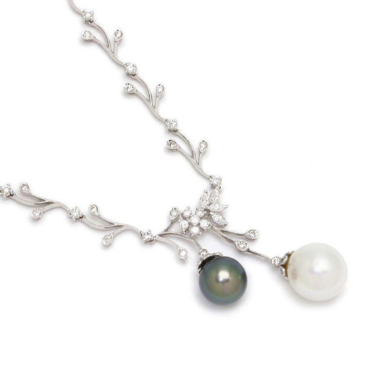 Pearl - 【中古】パールダイヤモンドネックレス 750WG ホワイトゴールド シロチョウ真珠 クロチョウ真珠 ダイヤモンド1.25ct 鑑別書付【質屋鑑定品】