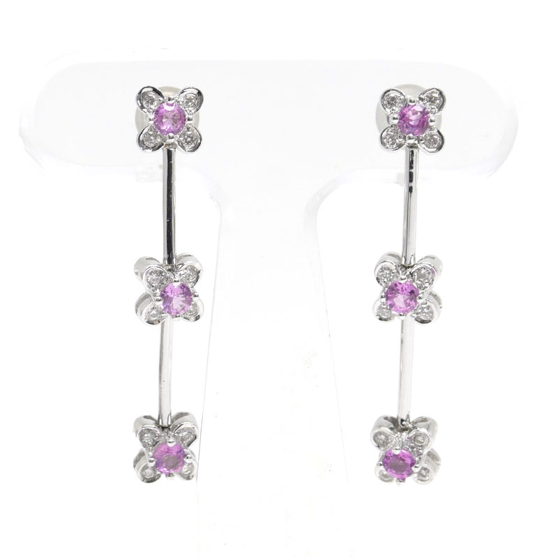 乐天商城 - 【中古】ピンクサファイアダイヤモンドピアス K18WG・S0.38ct・D0.11ct フラワー 3連【質屋鑑定品】