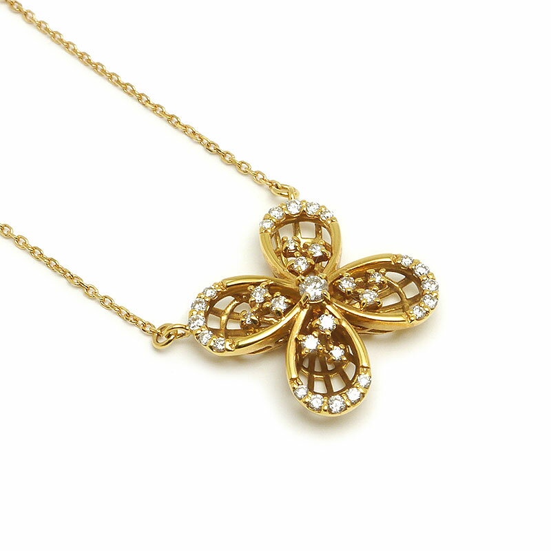 Rakuten - 【中古】ダイヤモンドネックレス K18YG・ダイヤ0.32ct イエローゴールド 四葉モチーフ フラワー【質屋鑑定品】