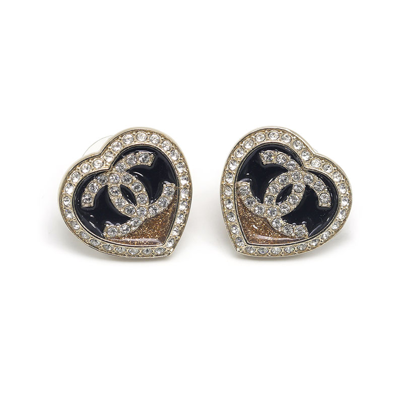乐天商城 - 【中古】シャネル CHANEL ハートピアス C23B　ココマーク ラインストーン ゴールド×ブラックカラー【質屋鑑定品】
