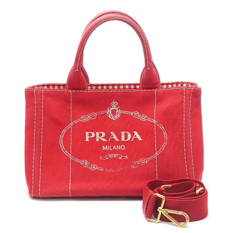 【中古】プラダ PRADA カナパミニ 2WAYトートバッグ 1BG439 ROSSO 赤 ギンガムチェック ショルダーストラップ付【質屋鑑定品】