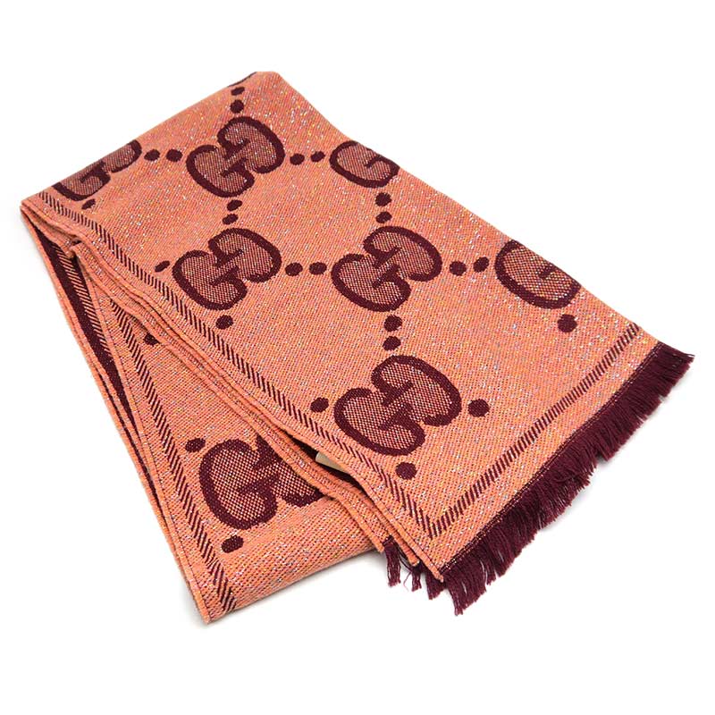 【中古】グッチ GUCCI ラメジャガードマフラー ストール 598993 ピンク系 フリンジ【質屋鑑定品】