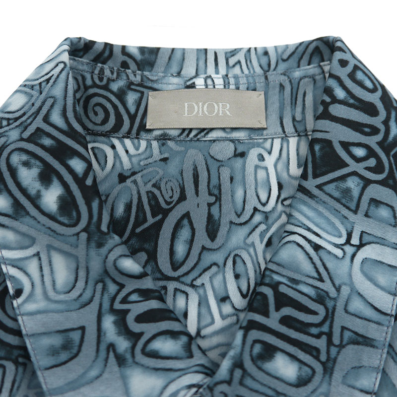 【中古】ディオール×ステューシー Dior STUSSY ロゴ総柄半袖シャツ 033C514A4932 サイズ38 ネイビー【質屋鑑定品】