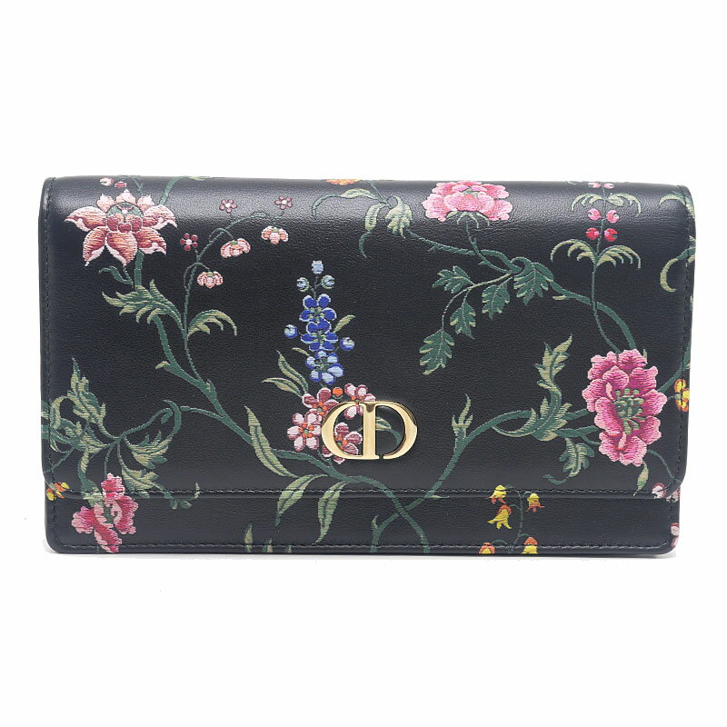 乐天商城 - 【中古】ディオール Dior カロ ウォレット オンチェーン 長財布 花柄 フラワー ブラック レディース【質屋鑑定品】