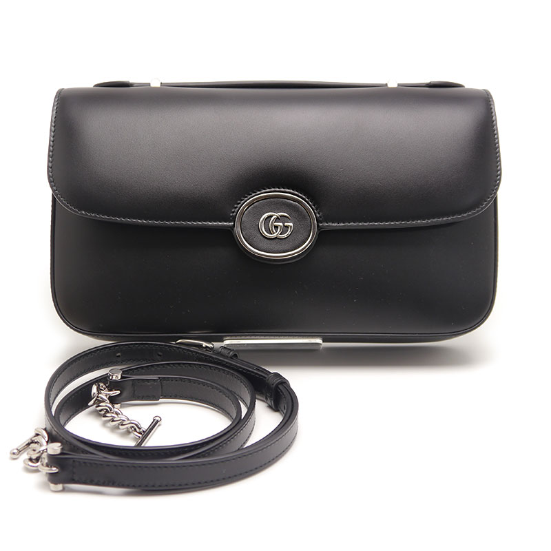 【中古】グッチ GUCCI プチGG レザー 2WAYハンドバッグ 739721 斜め掛け可 ブラック【質屋鑑定品】