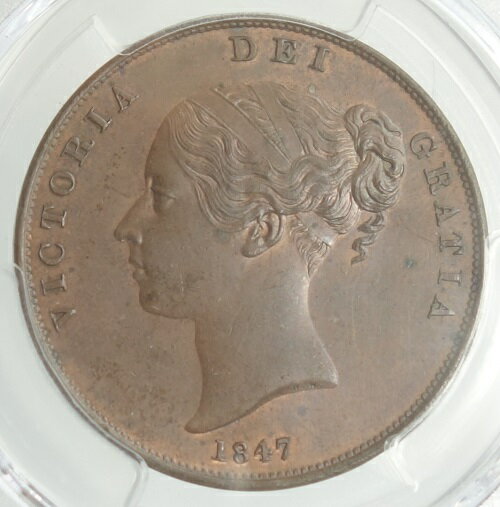 イギリス　ヴィクトリア女王　1ペニー銅貨　1847年　PCGS【MS63BN】のサムネイル
