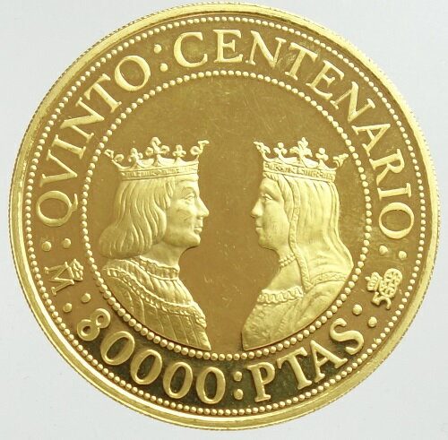スペイン　スペイン王　フアン・カルロス1世＆ソフィア80000ペセタプルーフ金貨　1989年　未使用
