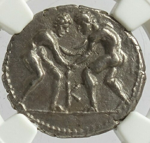 古代ギリシャ　ピシディア　セルゲ古代オリンピック競技　レスリング・槍投げ ステーター銀貨　（325-250 BC）NGC鑑定【Ch XF】