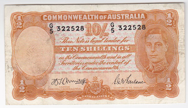 オーストラリア ジョージ5世 Armitage-McFarlane 10シリング紙幣 1942年 極美品