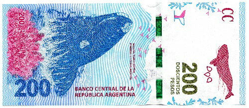 アルゼンチン　ミナミセミクジラ　200ペソ紙幣　2016年　未使用