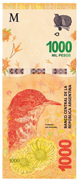アルゼンチン　カマドドリ　1000ペソ紙幣　2017年-2018年　未使用