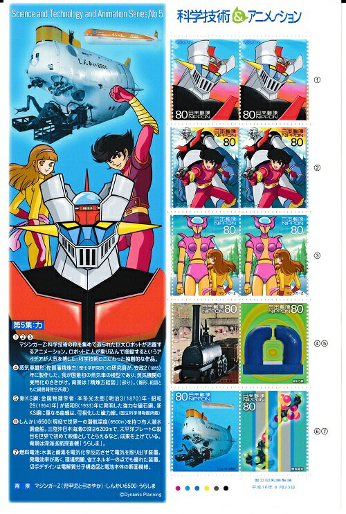 【科学技術&アニメーション】第5集:力 マジンガーZ(兜甲児と弓さやか)しんかい6500・うらしま 切手シート 平成16年(2004)