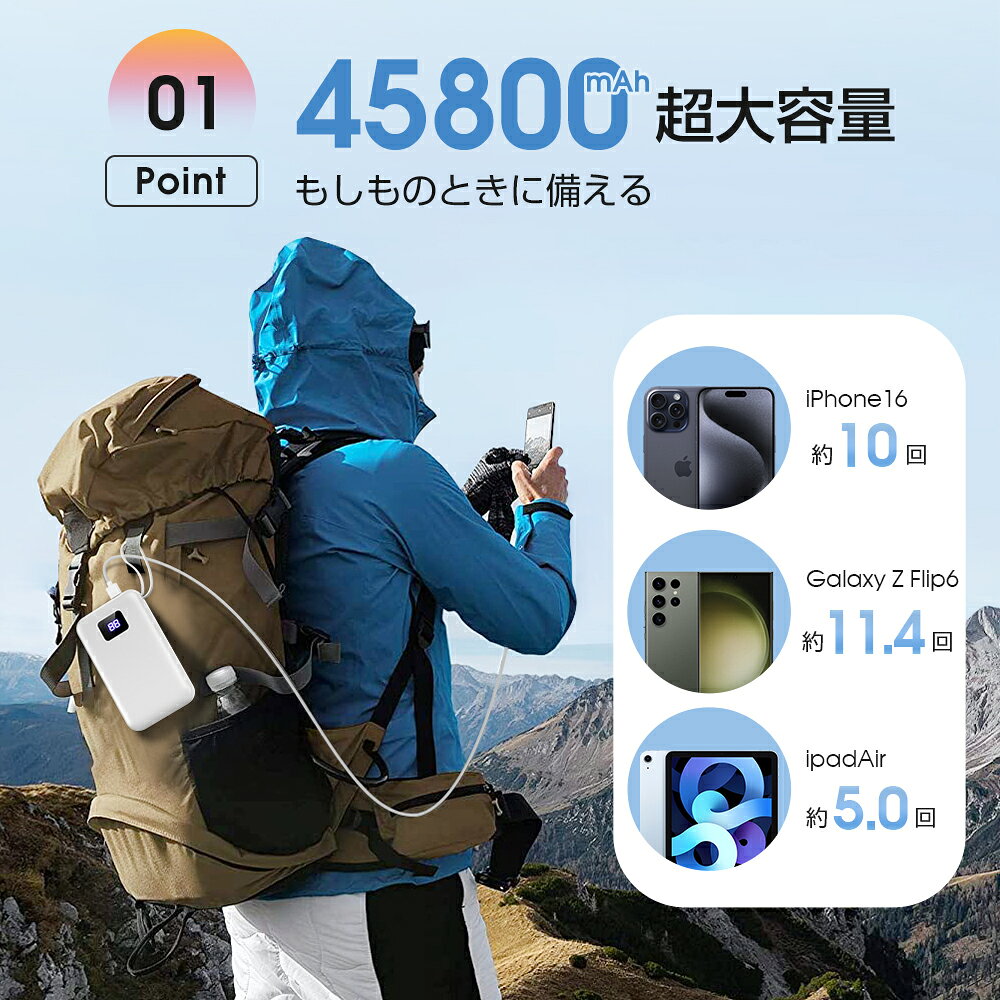 【店内全品・最大40％OFF】 モバイルバッテリー 大容量 45800mAh 急速充電 6台同時充電 残量表示 軽量 2.4A出力 バッテリー 携帯充電器 充電器 iPhone16 コンパクト 防災グッズ 通勤 通学 出張 電熱ベスト 電熱ベスト 電気毛布 全機種対応 iPhone/iPad/Android kures-store-10000413 ACLUO楽天市場店 サンプル画像3