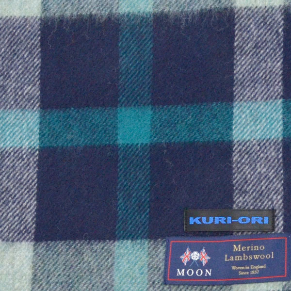 【英国製】MOONマフラー　メリノラムウール100%　ネイビー×エメラルドグリーン・ライトグレー MOON×KURI-ORIマフラー 25×190cmムーン×クリオリ イングランドタータンチェックS0553-B02-w25イギリス製　Made in England Blyth Sea ブライスシー タータンスカーフ