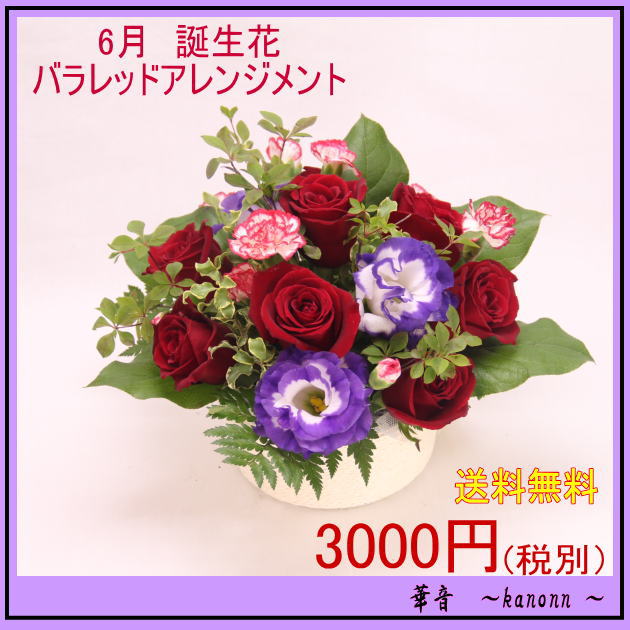 6月　誕生花　バラレッドアレンジメント3,500円【送料無料・あす楽・誕生日・花・アレンジ・バラ・プレセント・花束・誕生花】