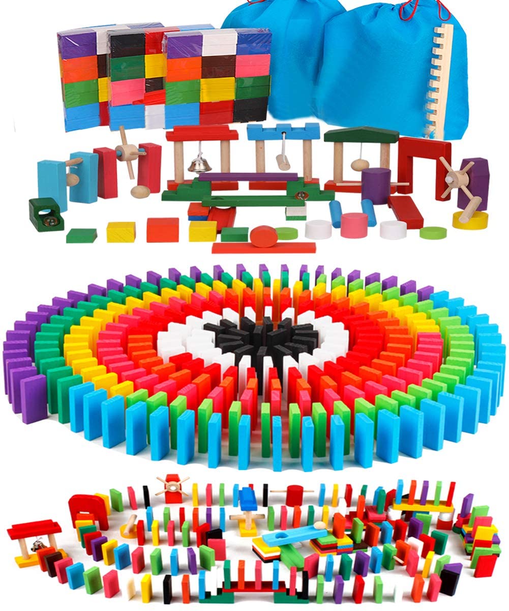 積み木 ドミノ倒し 知育玩具 360個 ギミック 仕掛け24種セット 木製 カラフル こども 誕生日 プレゼント 並べる用道具と収納袋 セット