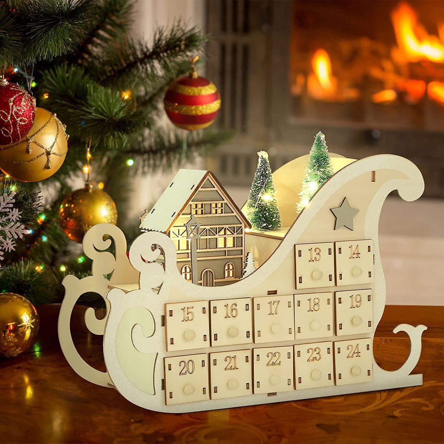 木製 アドベントカレンダー クリスマス カウントダウン 木製 24個の引き出し 24日間 LED付き プレゼント アドベントカレンダー 小物入れ Christmas