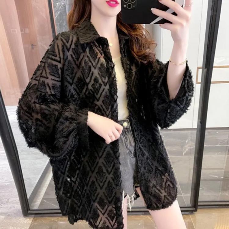 ブラウス 体型カバー シア―シャツ 透け ゆったり 前開き 長袖 ビックシャツ シースルー ジャガード シアー トップス バルーンスリーブ レディース オフィスカジュアル オケージョン