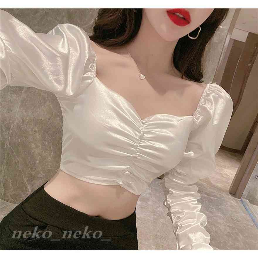 Rakuten - オフショルダー 長袖 レディース ベルスリーブ ショート丈 ヘソ出し シャツ ブラウス トップス 無地 薄手 スリム 着痩せ 女性用 ダンス ヒップホップ