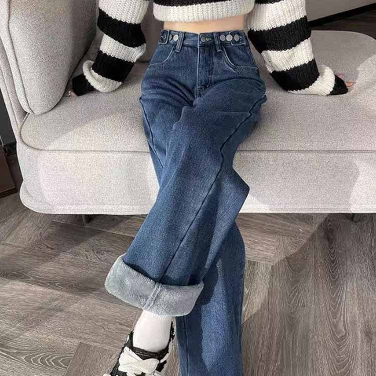 ゆるフィット 保温 裏起毛 ワイドパンツ レディース デニムパンツ ウエストボタン ワイド カジュアル ストレートパンツ ジーンズ 防寒 大人可愛い 厚手 あたっか 冬 ボタン デザイン デニムパンツ ボトムス シンプル 着回し — vista 3