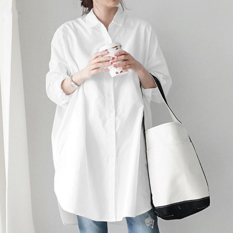 ロングシャツ レディース 長袖 ゆったり お洒落 無地 ブラウス トップス チュニック 体型カバー カジュアル キレイめ 春秋物 羽織り 普段着 シャツ 白 黒 ワイシャツ オフィスカジュアル ホワイト ブラック