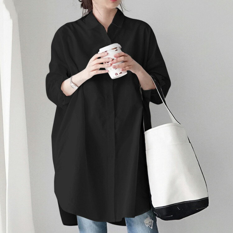 ロングシャツ レディース 長袖 ゆったり お洒落 無地 ブラウス トップス チュニック 体型カバー カジュアル キレイめ 春秋物 羽織り 普段着 シャツ 白 黒 ワイシャツ オフィスカジュアル ホワイト ブラック