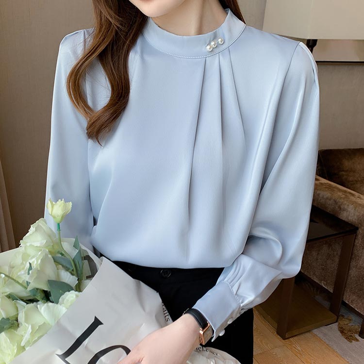 シフォンブラウス パール タック 長袖 モックネック ふんわり袖 レディース トップス ブルー ブラック パープル レッド ホワイト オフィスカジュアル フォーマル 普段着 授業参観 卒業式 入学式 七五三 ブラウス S M L XL 2XL