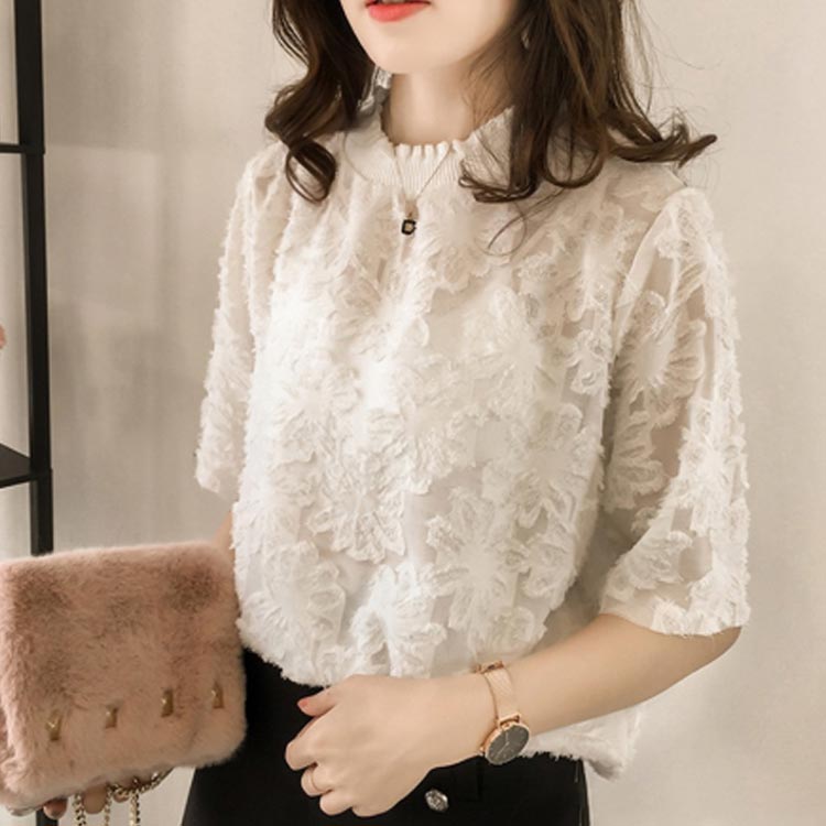 オケージョン シャツ レース トップス ジャガードレース 花柄 春夏 フェミニン かわいい きれいめ お洒落 エレガント 透かし 薄手 五分袖 レディース ビジネス ブラウス
