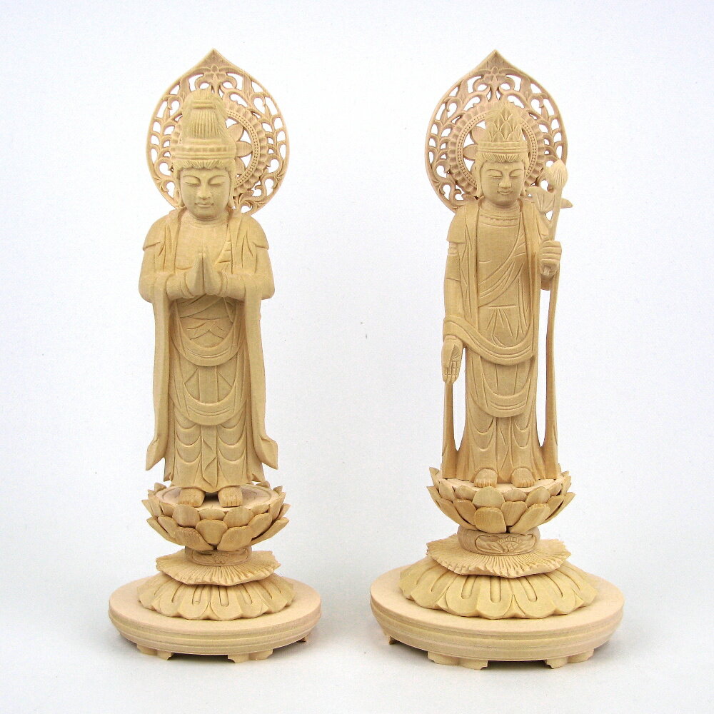 仏像 聖観音菩薩（蓮華持） 勢至菩薩 立像 4.0寸 一対 宝珠光背 円台 桧木 観音像 観音菩薩 木彫り仏像 観音様 仏像 菩薩像 仏像彫刻 脇侍 聖観音 木彫り ゾウ 木の置物 木のオブジェ 木製 仏具 立像 菩薩立像 観音立像