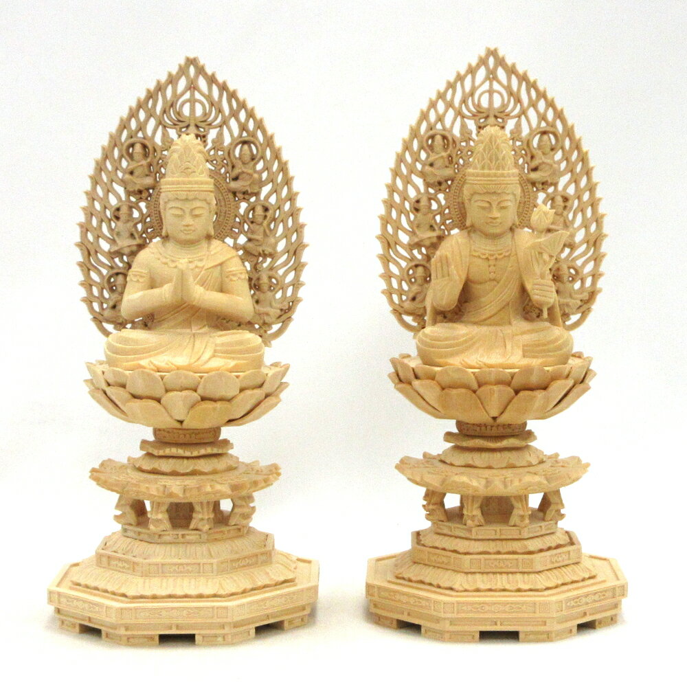 仏像 聖観音菩薩 勢至菩薩 座像 2.0寸 一対 飛天光背 八角台 桧木 観音像 観音菩薩