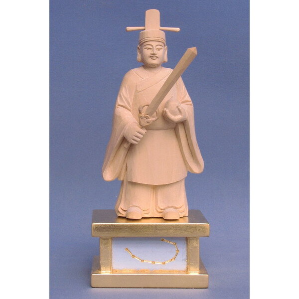 木彫神像/八坂大明神総高22cm桧木（本体17cm、台高5cmマーク付剣持）