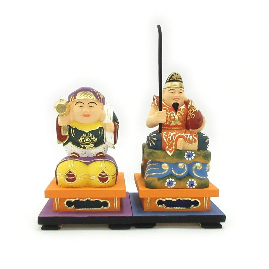 仏像 大黒天・恵比須天（恵比寿天） 総高約12cm 桧木彩色 ケース入り