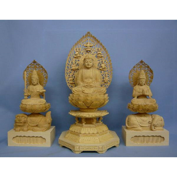 木彫仏像/釈迦三尊像（釈迦80cm文殊普賢60cm）桧木