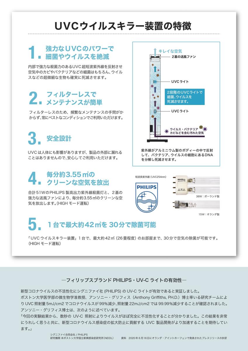 UVCウイルスキラー装置（送料無料）紫外線照射で『新型コロナウィルス』が99％減少　感染予防対策　大型空気清浄機UVC除菌 空間 除菌 ウイルス対策 感染症対策 バクテリア カビ 3