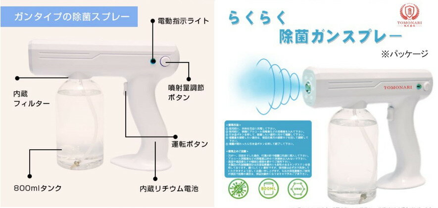 【送料無料】楽々除菌ガンスプレー　800ml　大容量タイプ　噴霧消毒 　アルコール自動噴霧　次亜塩素酸水　拭き取り不要　きめ細やか　充電式