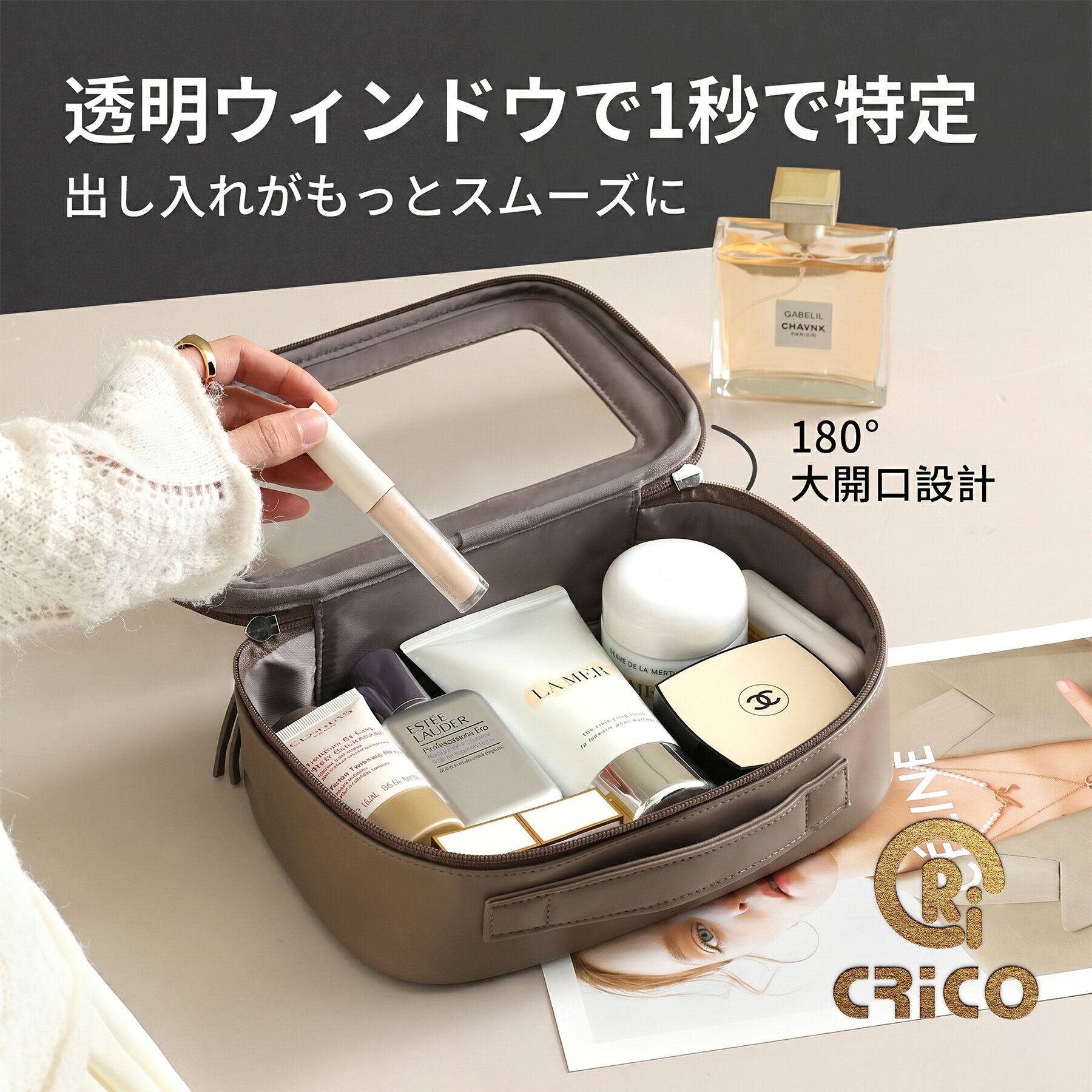 ＼8/16 日曜日・タイムセール・先着20枚【15%OFF】／ コスメポーチ クリア窓付き 化粧ポーチ 大容量 トラベルポーチ 旅行用 持ち運び おしゃれ かわいい 中身が見える 自立 マチ広 メイクポーチ バニティポーチ 合皮 2サイズ展開 M Lサイズ 1泊 2泊 CRiCO by 黒鳥商店 kurodori-10000170 黒鳥商店 サンプル画像2