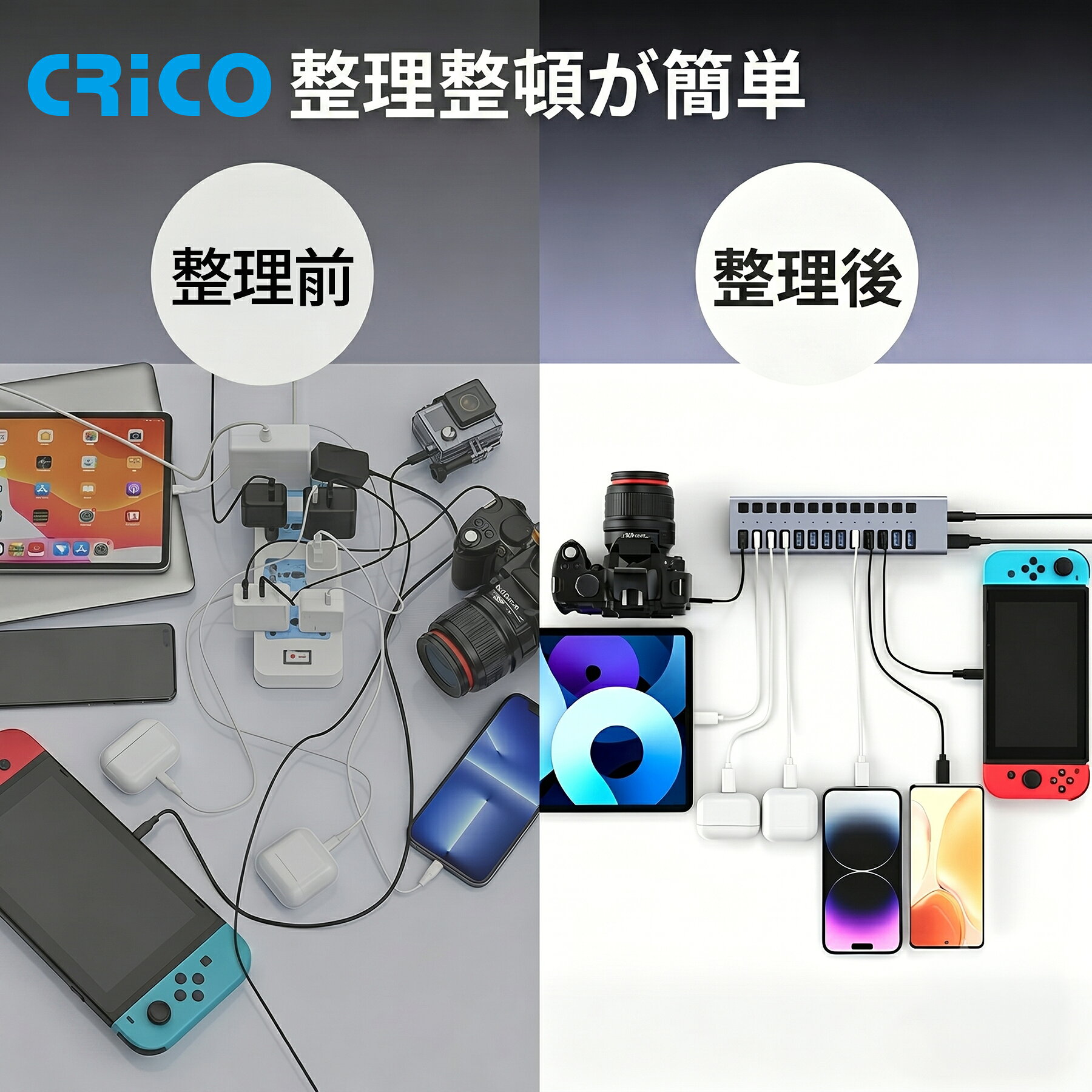 【驚異の16ポート】 USBハブ 16in1 最大90W電源供給 16ポート同時データ転送 16台同時コントロール USBアダプタ タイプA ノートパソコン ノートPC surface PC MacPC iPad スマホ　同時充電対応 CRiCO by 黒鳥商店 kurodori-10000178 黒鳥商店 サンプル画像3