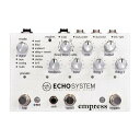 Empress EffectsのEchosystem（エコーシステム）は、従来のディレイペダルの概念を打ち破るクリエイティブ・ツールです。Empressならではの圧倒的な音質の良さはもちろん、デジタル、アナログ、テープ・ディレイを始め、選び抜かれ、研ぎ澄まされた各モードを搭載。インスピレーションを無限に刺激する完璧なディレイ・スタイルを実現します。 デュアル・エンジン機能により、2つのディレイモードを、並列、直列、またはL/Rモードで使用することができるため、さらに深く、複雑なディレイ・サウンドの可能性を探求することができます。 また、Empress EffectsのEchosystemには、極めて高品位なリバーブ・アルゴリズムも搭載されていますので、ディレイ＋リバーブの最強のコンビネーションをプレイすることも可能です。 VMSDで高い評価を得ていたアルゴリズムはさらに進化し、”Tape”と”Analog”の各モードに収納されています。EchoplexやRE-201、BBDアナログディレイなどの優れたエミュレートも開発されました。 その他、トレモロやモジュレーション効果をプラスできる”Mod Mod”、様々なフィルター・サウンドを加えられる　”Filter Mode”、美しいアンビエント・サウンドで空間を彩る”Ambient Mode”、自在のリズム・ディレイを可能にする”Multi-Tap”、変態系モードを多く搭載する”Whisky Mode”、その他、”Reverse”、”Stutter”、”Lo-Fi”など、創造性豊かな多くのモードを標準搭載しています。 これらの様々なディレイ・モードをデュアル・エンジン機能で組合わせ、それぞれに異なる設定を適応できるため、さらにバリエーションは広がっていきます。またエクスプレッション・ペダルに全てのノブの動きを割り当てることも可能です。 もちろん、お気に入りのサウンド設定はプリセットとして保存しておくこともできます。2タイプのプリセット・システムはライブパフォーマンスでのサウンド管理を容易にしています。 さらに、メーカーが提供するアルゴリズム・タイプをダウンロードし、SDカード経由で本体に追加する事ができるため、ご購入後も新たな発見や楽しみが続いていくのもEchosystemの大きな利点です。 最高音質と機能美を徹底的に追求した『ハイエンド・ディレイ』の実力をお試しください。 スペック Input Impedance 1M&Omega; Output Impedance 100&Omega; Output Impedance (transformer) 600&Omega; Frequency Response (-3dB, dry) 10Hz &minus; 50kHz Frequency Response (-3dB, wet) 10Hz &minus;　23.4kHz Total Harmonic Distortion (dry) 0.09% Total Harmonic Distortion (wet) 0.22% Dynamic Range (dry) 106.9 dBA Dynamic Range (wet) 105.5 dBA Input Headroom (dry) +10.0 dBu Input Headroom (wet, no pad) +0.5 dBu Input Headroom (wet, 6dB pad) +5.7 dBu Input Headroom (wet, 12dB pad) +10.8 dBu Output Headroom +16.2dBu Power Input Connector 2.1mm Barrel Connector Required Voltage/Current 9VDC / 300mA Height (enclosure only) 45 mm Height (including controls) 57 mm Length 145 mm Width 95 mm Weight 680 g　