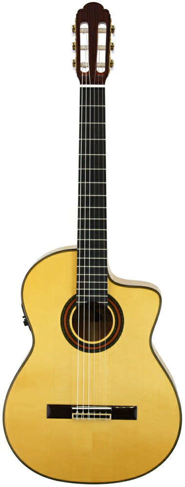 ARIA Classic Guitars 鳴りがよく弾きやすい、アリアのクラッシックギターシリーズ。全てのモデルが単板トップによる本格的な鳴りが特徴。上質なペグ、ウッドバインディングの採用など細かな点にもこだわった造り。多種のトップ材、弦長の違いから選べる豊富なラインナップも魅力のひとつです。 【特徴】 トップにはセレクテッド・ソリッドスプルース、バック&amp;サイドにはソリッドシープレスを採用した、本格派フラメンコギターのエレクトリックモデル。堅実な作りと厳選された素材が力強く素早いレスポンスを生み出します。カッタウェイとヒール加工で演奏性も良好です。 エレクトロニクスには、ドイツの老舗PUメーカー「シャドウ」のEQを採用。マイクとナノフレックス(ピエゾ)PUの組み合わせにより、 ふくよかで生音の質感を生かしたサウンドを生み出します。 アンプに接続しホールやステージでの演奏をより充実させることができ、 またアンプ無しでも十分に楽しめるサウンド、鳴りを揃えています。 【Specifications】 Top: Selected Solid Spruce Back &amp; Sides: Solid cypress Saddle&amp;Nut: Bone Neck: Mahogany Fingerboard: Ebony Bridge: Rosewood Hardware: Gold Controls: Shadow SH PER DP-MIC (Mic &amp; NanoFlex) VOLUME, BLEND, BASS, TREBLE, PHASE, MUTE