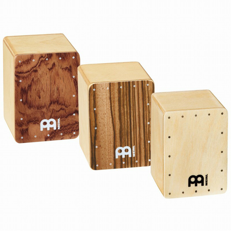 Mini Cajon Shaker Set SH50-SET フロントパネルにエキゾチックゼブラーノ、ブビンガバール、バルティックバーチを使用したミニカホンシェイカー三種類のセットです。手のひらサイズで見た目にもかわいいカホン型のシェーカーで、ボディにはバーチ材を使用しクリアで歯切れのよいサウンドが特徴です。 Specification Body:Baltic Birch Front:Exotic Zebrano, Bubinga Burl, Baltic Birch Size:2" W x 2 3/4" H x 2" D