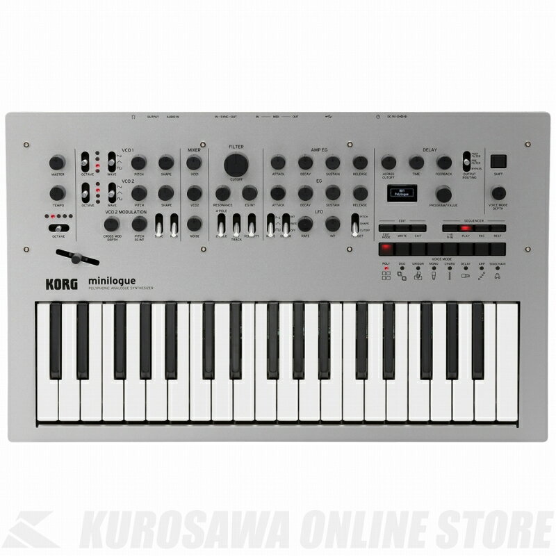 KORG minilogue 最も素早くアクセスできる、本物のアナログ。 新世代ポリフォニック・アナログ・シンセサイザー。 minilogueは、スタイリッシュで革新的な、37 keyのフル・プログラマブル・4ボイス・ポリフォニック・アナログ・シンセサイザーです。 新たに開発されたアナログ・シンセサイザー回路が実現したのは、ポリフォニック、フル・プログラマブル、そしてプライス。それはつまり、現代のミュージシャンのニーズそのものです。minilogueなら、本物のアナログにしか出せない強力なサウンドを、誰もが手に入れることができます。 スマートなアルミ・ボディには、ステップ・シーケンサーやオシロスコープなど、クリエイティビティをさらに拡げる様々な機能が備わっています。シンセサイザー・ファンだけでなく、キーボーディストをはじめとしたすべてのプレイヤーに届ける、新世代のアナログ・シンセサイザーです。 Specification 鍵盤 37鍵（スリム鍵盤、ベロシティ対応） 音源 アナログ音源 最大同時発音数 4ボイス プログラム 200（工場出荷時は100のプリセット・プログラムと100のユーザー・プログラム） 各プログラムにはボイス・モードとシーケンス・データの設定を含む 最大8つのフェイバリット・プログラムを登録可能 ボイス・モード 8（POLY、DUO、UNISON、MONO、CHORD、DELAY、ARP、SIDE CHAIN） モードごとにそれぞれ異なるパラメーターを変化させるVOICE MODE DEPTH 主なシンセ・パラメーター VCO1 OCTAVE、WAVE（SAW / TRIANGLE / SQUARE）、PITCH、SHAPE VCO2 OCTAVE、WAVE（SAW / TRIANGLE / SQUARE）、PITCH、SHAPE VCO2 MODULATION CROSS MOD DEPTH、PITCH EG INT、SYNC、RING MIXER VCO1、VCO2、NOISE FILTER CUTOFF、RESONANCE、EG INT、FILTER TYPE（2-POLE / 4-POLE）、KEYTRACK、VELOCITY AMP EG ATTACK、DECAY、SUSTAIN、RELEASE EG ATTACK、DECAY、SUSTAIN、RELEASE LFO WAVE（SAW / TRIANGLE / SQUARE）、EG MOD（INT / RATE / OFF）、RATE、INT、TARGET（PITCH / SHAPE / CUTOFF） DELAY HI PASS CUTOFF、TIME、FEEDBACK、OUTPUT ROUTING（POST FILTER / PRE FILTER / BYPASS） シーケンサー 16ステップ・ポリフォニック・シーケンサー 最大4つのパラメーターをモーション・シーケンス可能 コントロール パラメーターへ即時アクセス可能な41個の専用パネル・コントロール プログラムごとに異なるパラメーターを変化させるスライダー ディスプレイ オシロスコープ機能付き有機ELディスプレイ 入出力端子 ヘッドホン端子（ステレオ・フォーン・ジャック） OUTPUT端子（モノラル・フォーン・ジャック） AUDIO IN端子（モノラル・フォーン・ジャック） SYNC IN端子（3.5mm ミニ・ジャック） SYNC OUT端子（3.5mm ミニ・ジャック） MIDI IN端子 MIDI OUT端子 USB B端子 電源 ACアダプター（DC9V）KA350 消費電力 8 W 外形寸法 500 (W) x 300 (D) x 85 (H) mm 質量 2.8 kg 付属品 ACアダプター KA-350