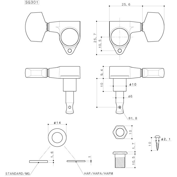 Gotoh / ゴトー SG Series for Standard Post SG301 B (Black/P4B)[対応ヘッド: L3+R3] 《ギターペグ6個set》【ONLINE STORE】