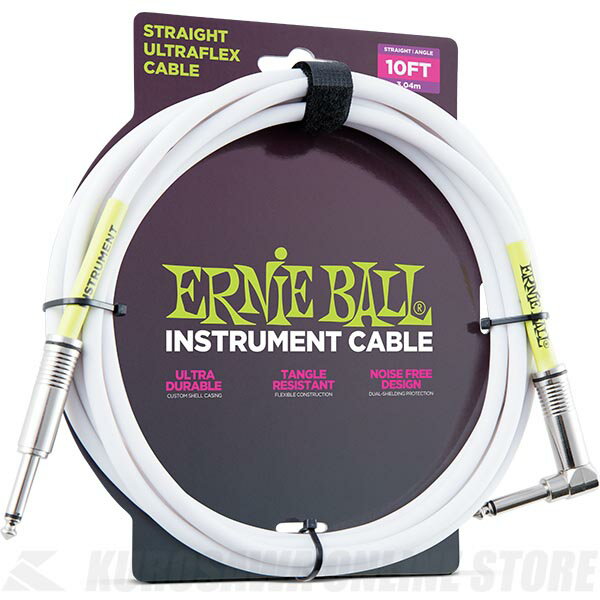 - Ernie Ball 10' STRAIGHT/ANGLE INSTRUMENT CABLE - WHITE - 10' Instrument Cable(10フィート・インストゥルメント・ケーブル）は、非常にフレキシブルな楽器用シールド・ケーブルです。 ハイセンスなデザインを採り入れ、優れたコンポーネントで構成されています。 腐食に強い99.99%の無酸素銅をコンダクターに使用し、デュアル・コンダクター＆デュアル・シールド構造を採用しているため、楽器用ケーブルとして求められる極端な周波数特性の無い素直な透き通る音色と、少ないノイズ、耐久性のすべてを備えています。 クロームメッキを施したヘヴィ・デューティーなオリジナルのメタル製プラグ・キャップに蛍光色の熱圧着チューブを組み合わせているため、モダンな印象に仕上がっています。 楽器用ケーブルとしては珍しいホワイト・カラーの#6049は、ストレートとアングル・プラグを組み合わせ、ケーブル直径は6mmで、長さは10フィート(3.04m)です。 アーニーボール・ロゴのプリントされた面ファスナーのケーブル・タイが付属します。 - Specification - ケーブル直径: 6mm 長さ: 10フィート(3.04m)　