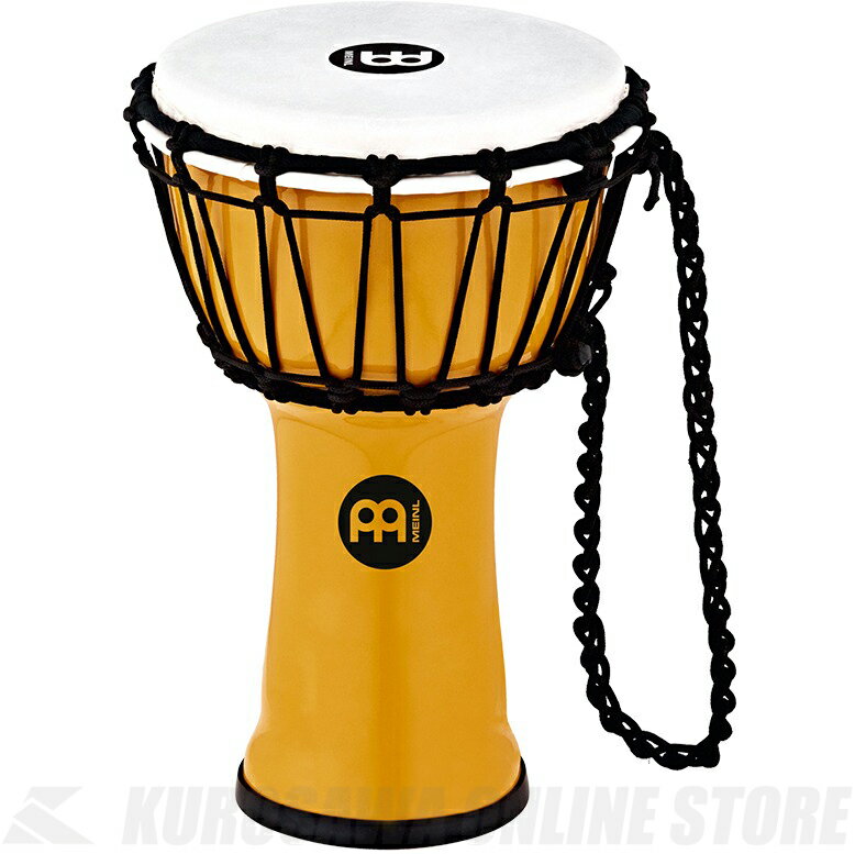 - MEINL Jr.DJEMBE - MEINL Jr.DJEMBEは、7"のコンパクトなボディーながら音量も大きく素晴らしいトーンが出ます。 軽量なシンセティックシェルの為、どんな機会にもさっと掴んで出かけるのに最適な楽器です。 ヘッドは予めストレッチされたロープでしっかりと締められチューニングの保持が良く、 ボディ、ヘッドともにシンセティックを使用している為、夏、高温多湿な日本の環境にも耐性があり、 コンディションを気にせず楽しむことができます。 アウトドアでのジャムセッションの集まりや、インドアでのリズムティーチングなど様々な用途で活躍します。 ■ サイズ：7"(ヘッド) × 12 1/2"(高さ)