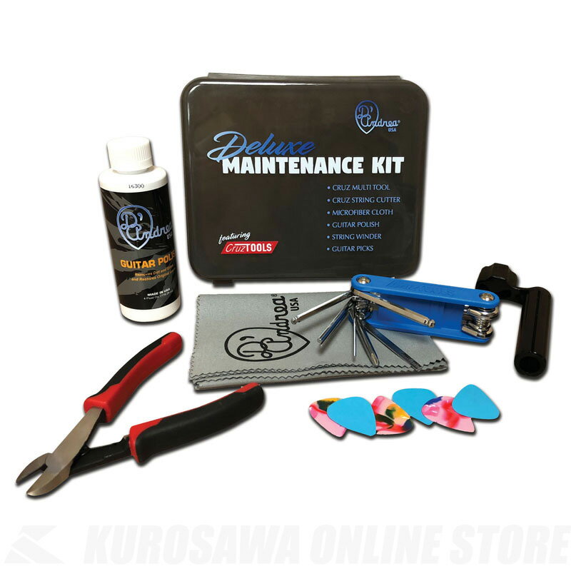 -DMK1-Deluxe Maintenance Kit-- 頑丈なアクリルケースに、マルチツールからピックまで収めた便利なメンテナンスキット。 -セット内容- &#8226; 1 Cruz Tools Multi Tool &#8226; 1 Cruz Tools String Cutter &#8226; 1 Microfiber Cloth &#8226; 1 Guitar Polish Bottle &#8210; 4oz. &#8226; 1 String Winder &#8226; 6 Guitar Picks