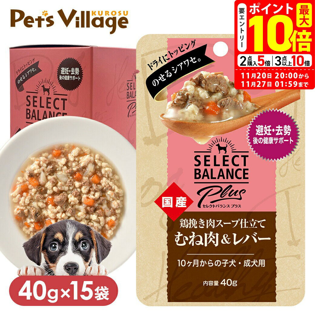 ポイント最大10倍！11/20 20:00〜11/27 01:59まで｜セレクトバランス プラス 鶏挽き肉スープ仕立て むね肉＆レバー 避妊・去勢後の健康サポート 10カ月からの子犬・成犬用 40g×15袋