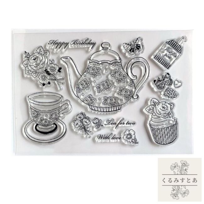 クリアスタンプ ティーポット ティーカップ カップ ポット 花 チョウ 英文 英字 スクラップブッキング ..