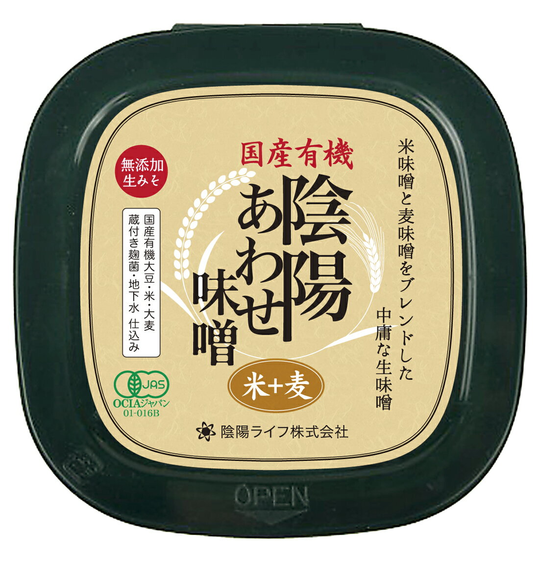 マクロビオティック食品 米味噌と中庸な麦味噌を3：7でブレンドした、やや陽性な味噌。◆非加熱の生味噌。◆国産有機大豆と国産有機大麦を使用。◆蔵付き麹菌使用。◆塩は塩田結晶塩（麦味噌）と天外天日塩（米味噌）、水は井戸水を使用しています。◆塩分12.0%【使い方】 ●味噌汁のほか、味噌料理全般に。【製造工程】 （米味噌）精米→洗穀→浸漬→蒸し→種付け→製麹→仕込み （麦味噌）大麦を精白→洗穀→蒸し→種付け→製麹→出麹→仕込み、大豆を洗穀→蒸煮→冷却→潰す→混合原材料：有機大豆（北海道産）、有機大麦（滋賀県、群馬県産）、食塩（韓国、中国産）、有機米（秋田、宮城など）【開封前賞味期間】　冷暗所で7ヶ月販売元：陰陽ライフ株式会社