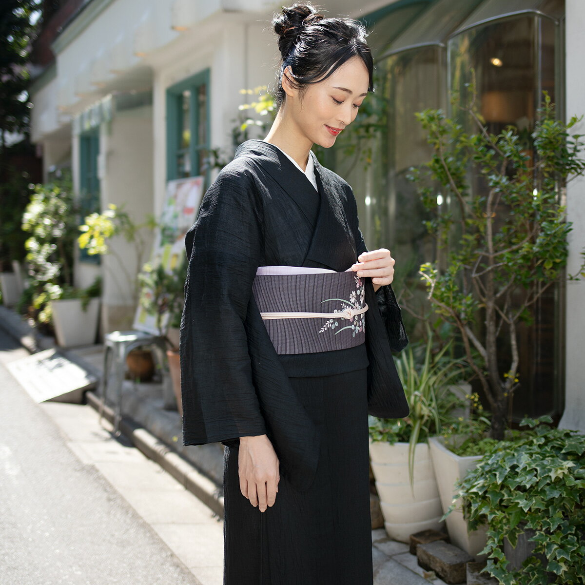 ≪今季再入荷なし≫★15％OFF★【くるり】洗える着物　麻楊柳/黒　近江ちぢみ　　|浴衣としても着られるのサムネイル